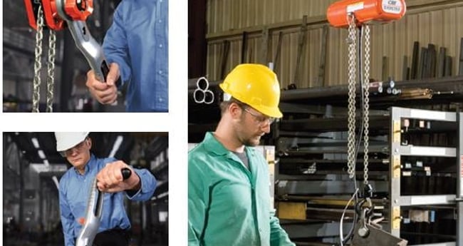 Image with three sections, each with a man working with hoisting equipment with hard hats and safety glasses on